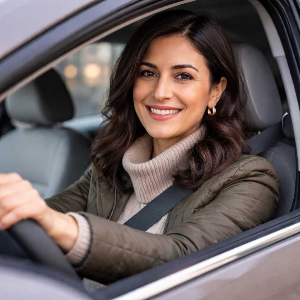 Woman smiling while driving a car. She's wearing a green jacket and beige turtleneck. The mood is cheerful with neutral interior.