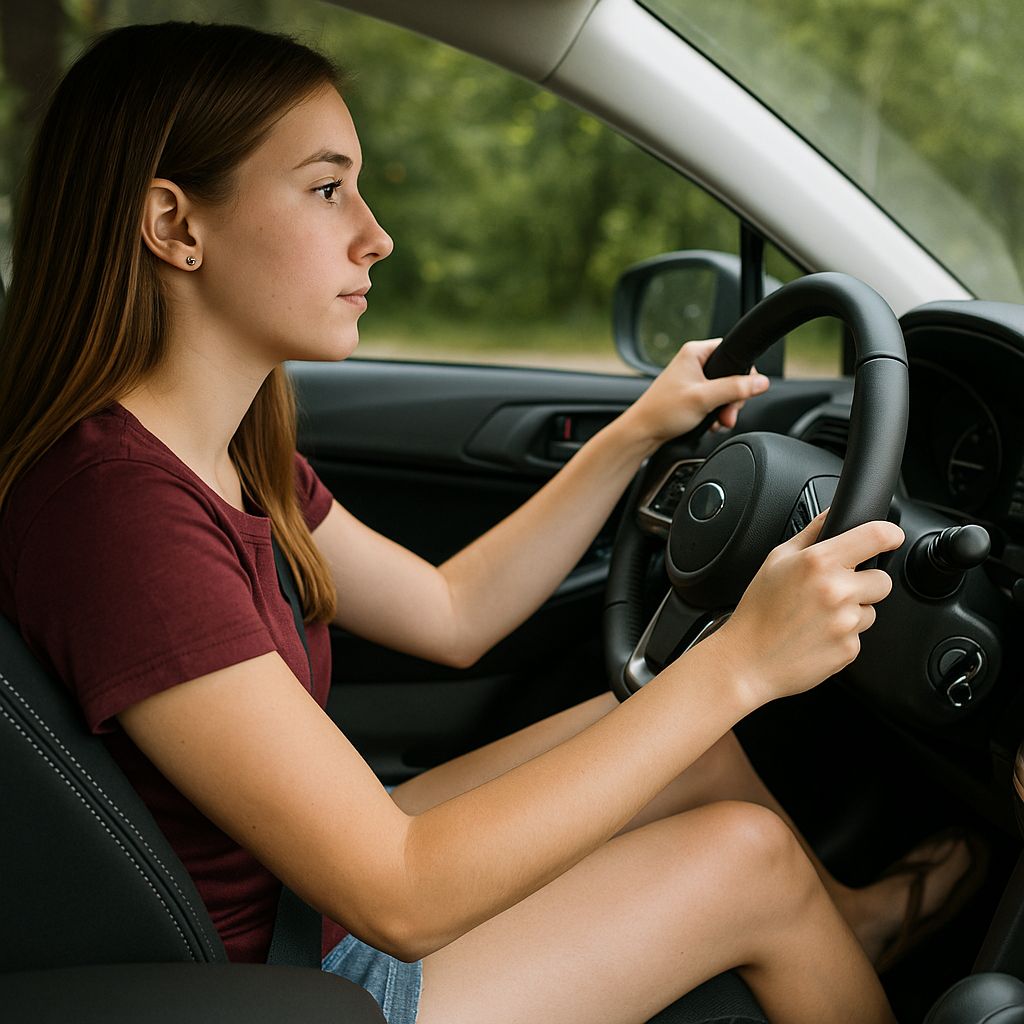 Young woman driving a car in a forest setting, wearing a maroon shirt and shorts. She looks focused, hands on the steering wheel.