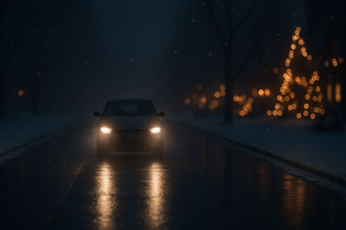 Car with headlights on a snowy road at night, with blurred festive lights on a house in the background. Moody and serene atmosphere.