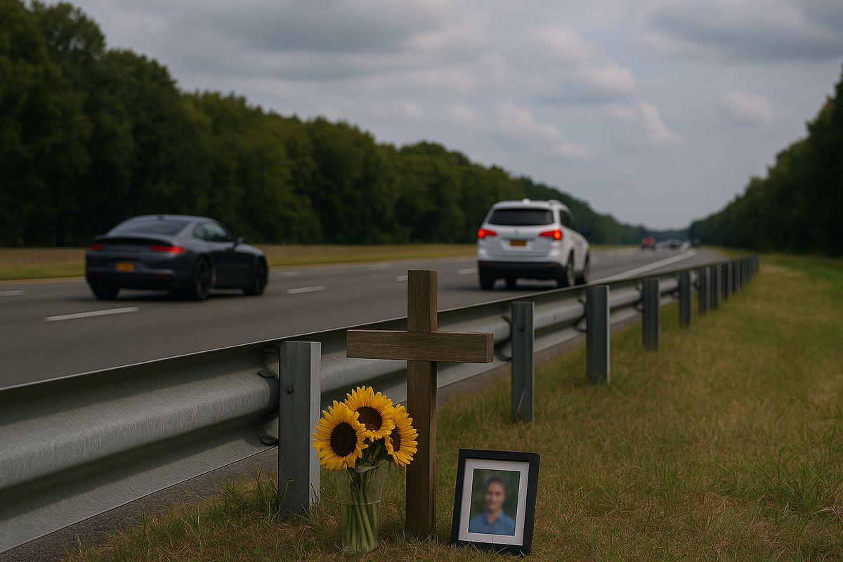 A roadside memorial with sunflowers and a photo rests by a highway. Cars pass on an overcast day, conveying a somber mood.