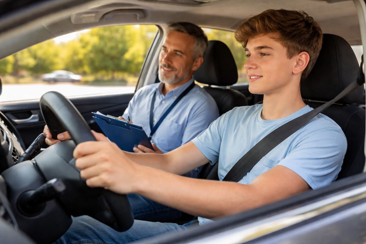 Teen driving with instructor in car. Teen focused, smiling, wearing blue shirt. Instructor holding clipboard. Trees visible outside window.