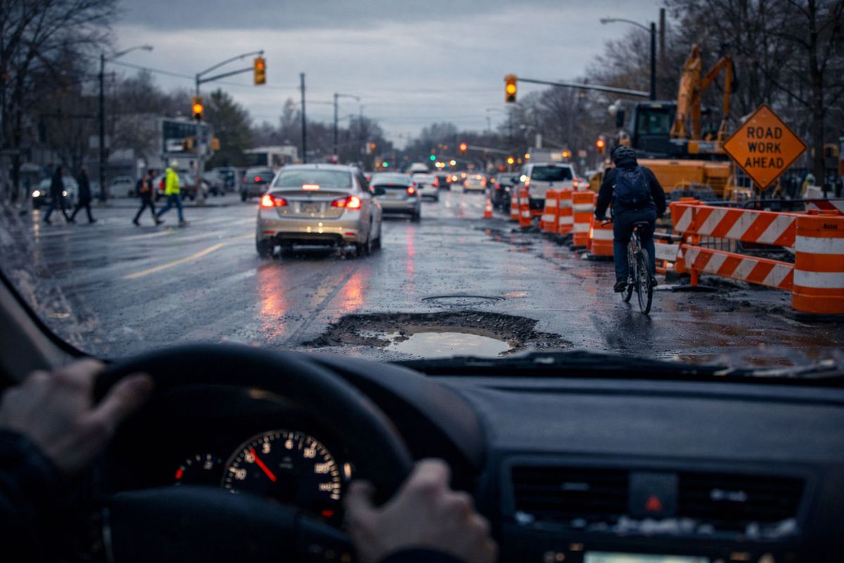 Driver's view of a rainy street with pothole, road work cones, a cyclist, and pedestrians crossing. Overcast sky, "Road Work Ahead" sign visible.