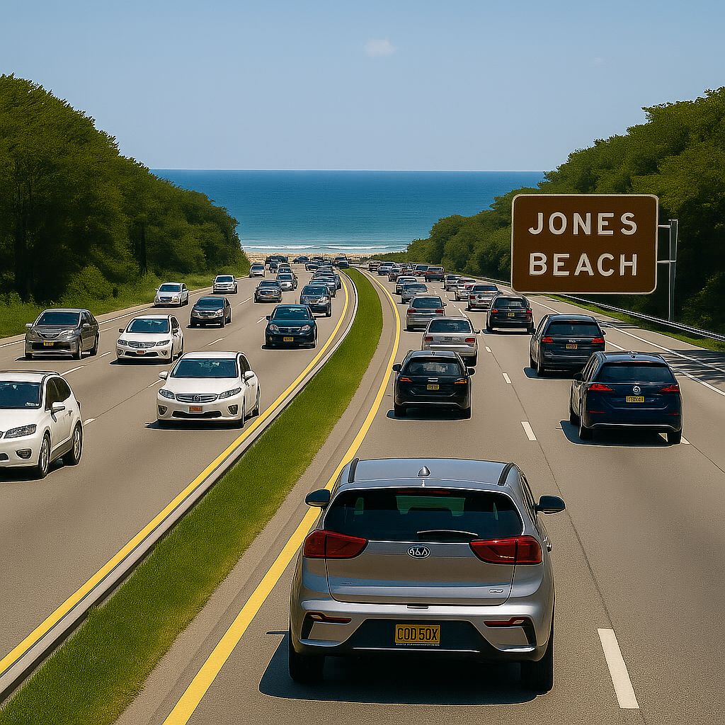Cars drive on a busy highway towards the ocean with a brown sign reading "Jones Beach." Green trees line the road under a clear blue sky.