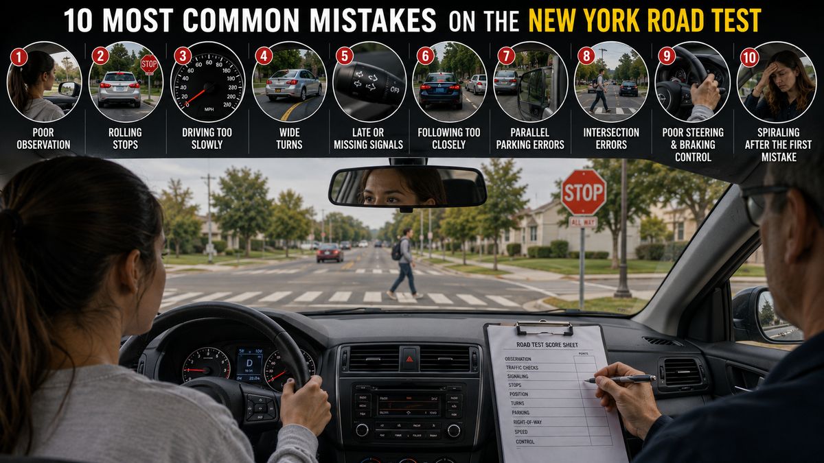 Infographic of New York road test mistakes above a driver, examiner, and pedestrian at a stop sign in a car interior.
