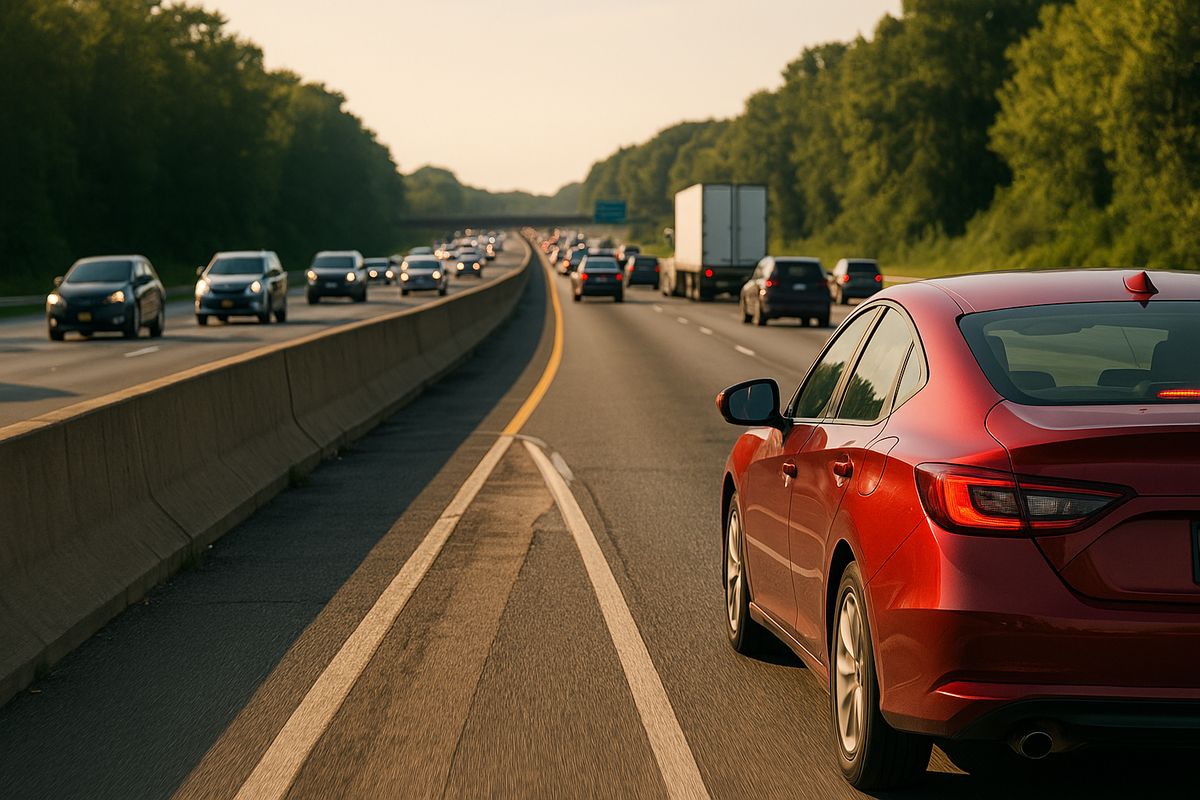 Red car driving on a highway with light traffic. Green trees line the road under a clear sky, and a truck is visible ahead. Mellow sunset mood.