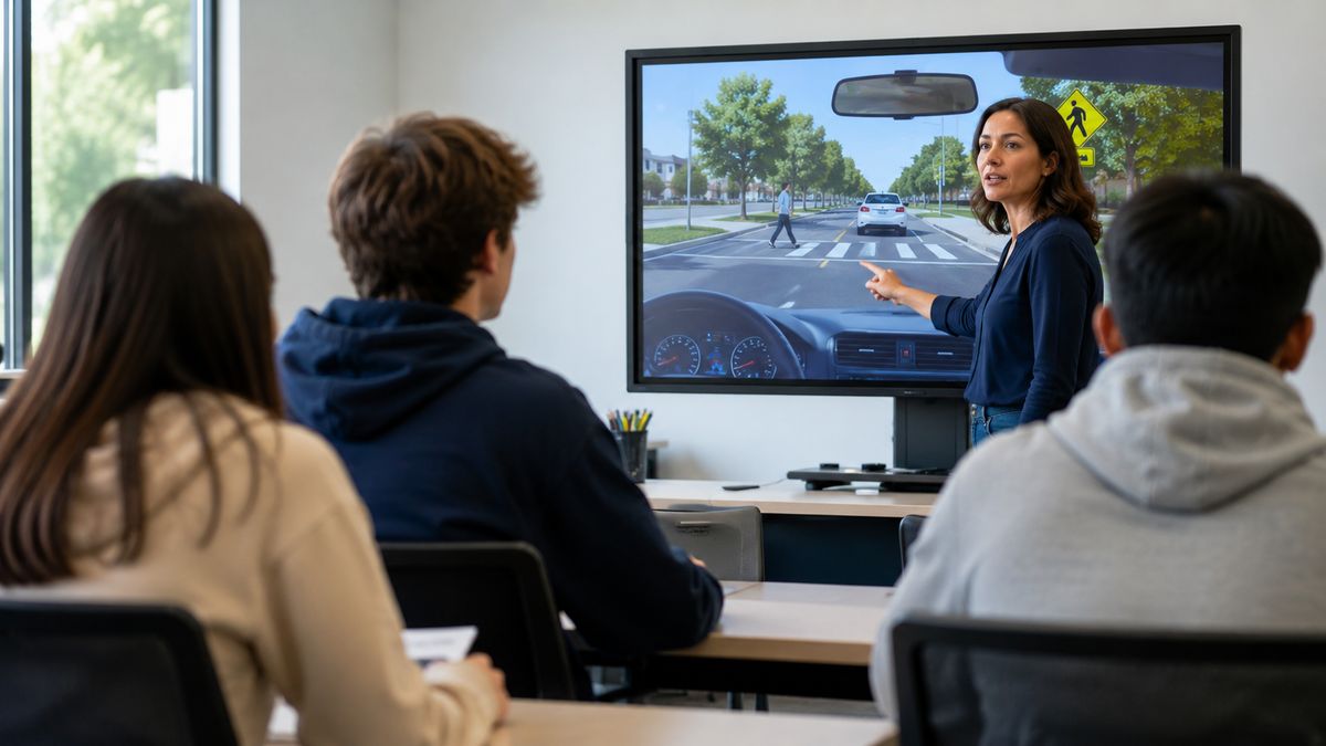 Driving instructor points at a road scene on a classroom screen while students watch.