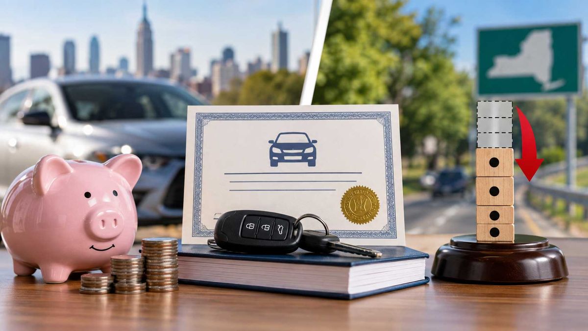 Defensive driving course certificate, car key, savings coins, and point reduction blocks with New York road imagery.