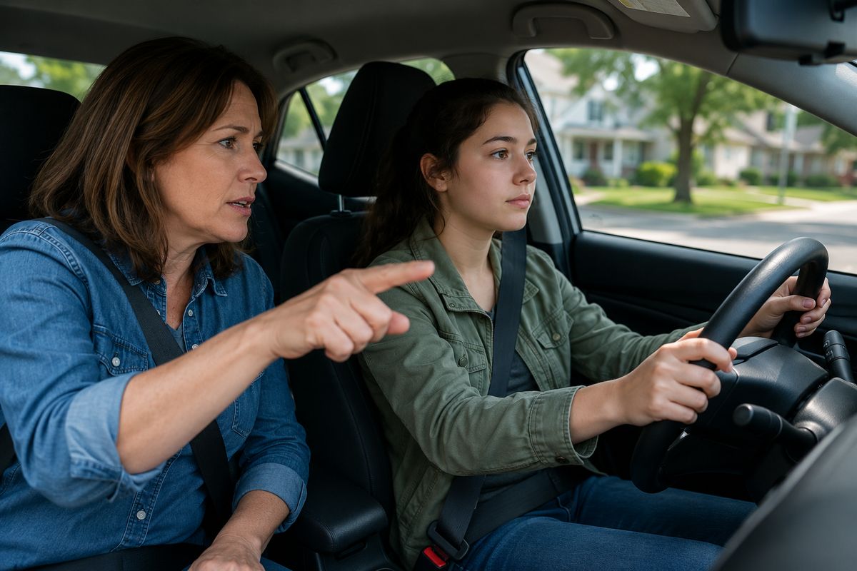 a mother teaching her daughter to drive.