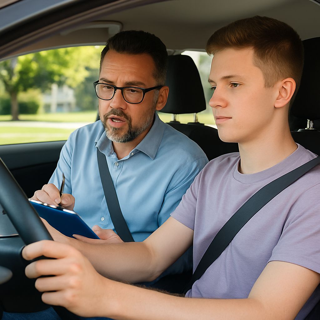 Young man driving with instructor in car, holding a notepad. Bright daylight, green scenery outside. Focused, learning atmosphere.