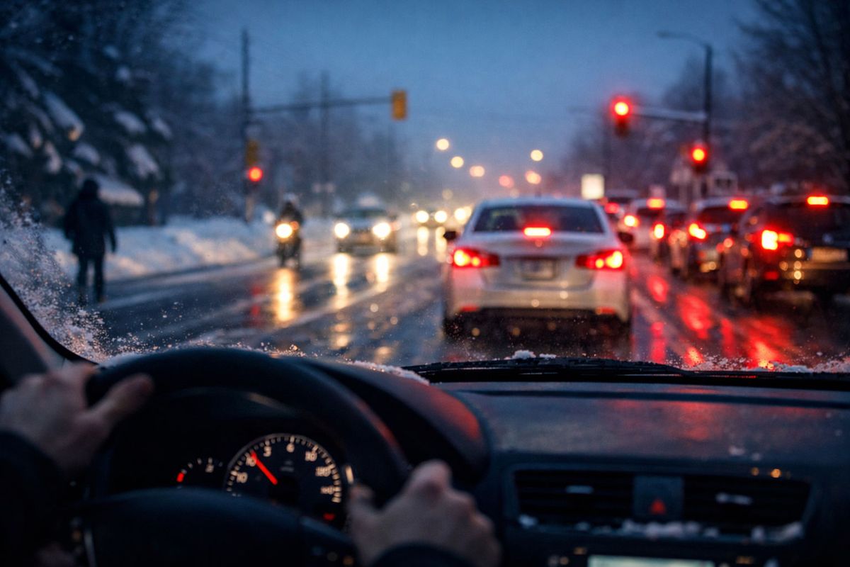 Nighttime city drive, viewed from car interior, with traffic lights, wet roads, and red brake lights reflecting on snow. Dark, snowy ambiance.