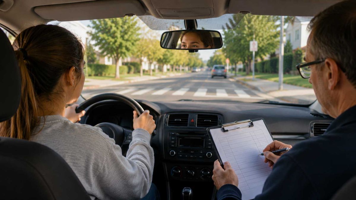 Teen driving a car on a suburban street with an instructor taking notes on a clipboard, seen from the back seat.