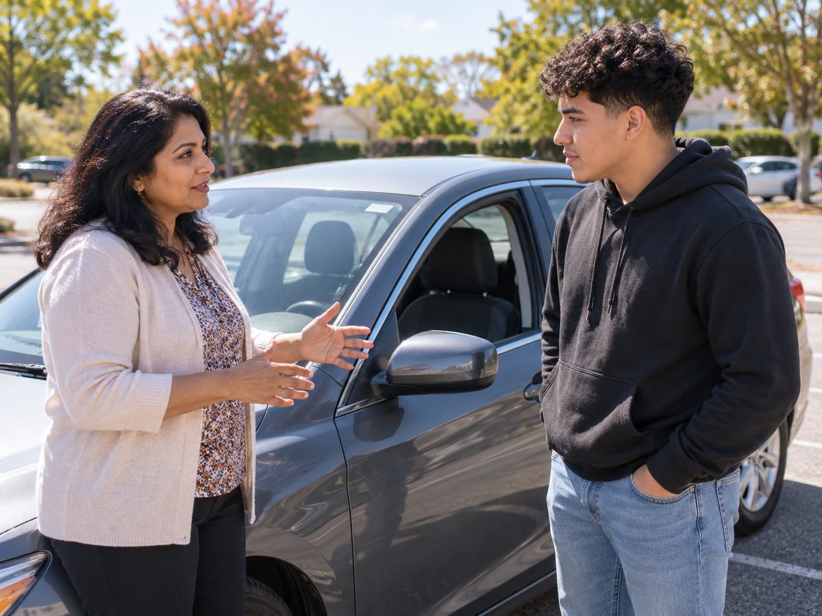All Care instructor talking with a student beside the car