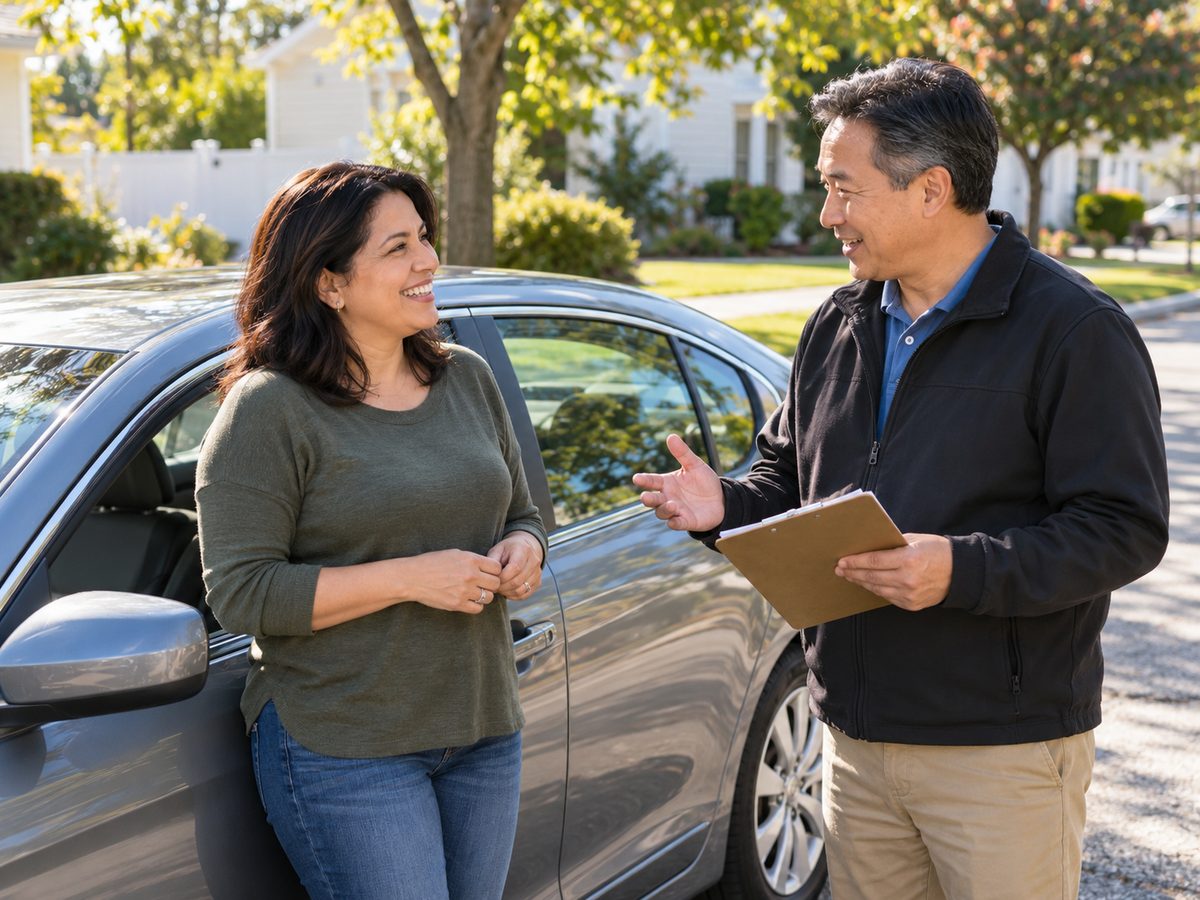 Adult student talking with her instructor beside the car