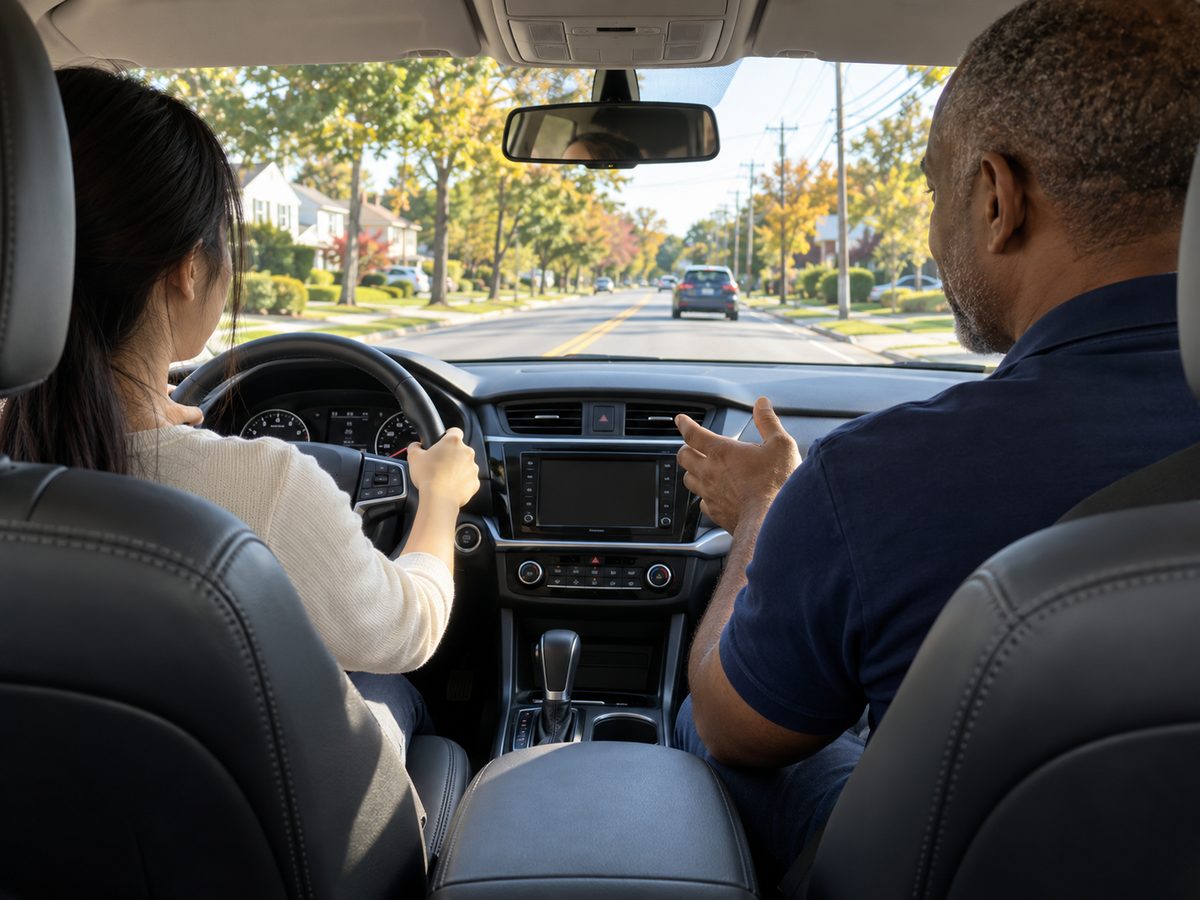 Instructor coaching a student driver from the passenger seat