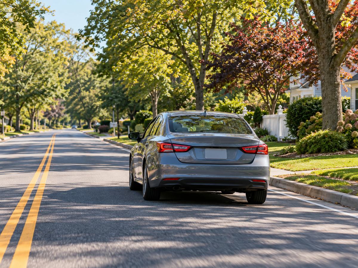 Car driving along a tree-lined Long Island street