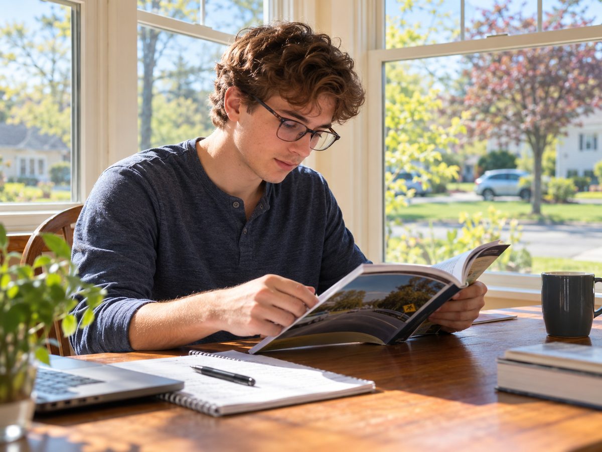 Student studying the driver's manual at home
