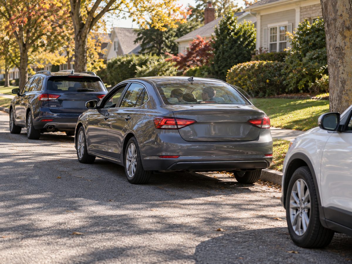 Student driver practicing parallel parking on a residential street