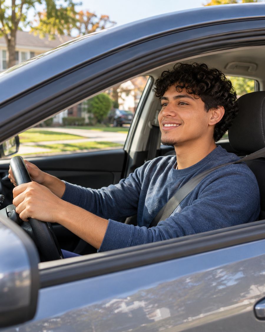 Smiling young driver behind the wheel