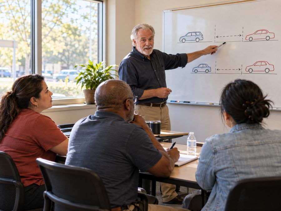 Instructor explaining following distance at the whiteboard in a defensive driving class