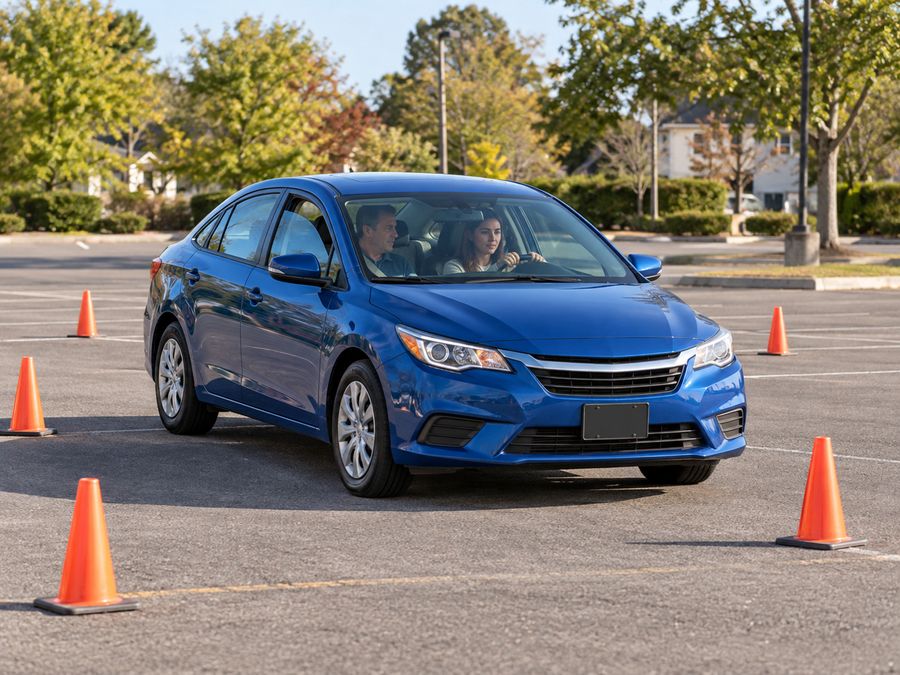 Student practicing on a cone course with her instructor