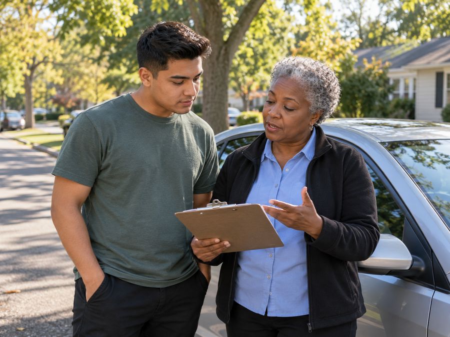Instructor reviewing a lesson plan with a student beside the car