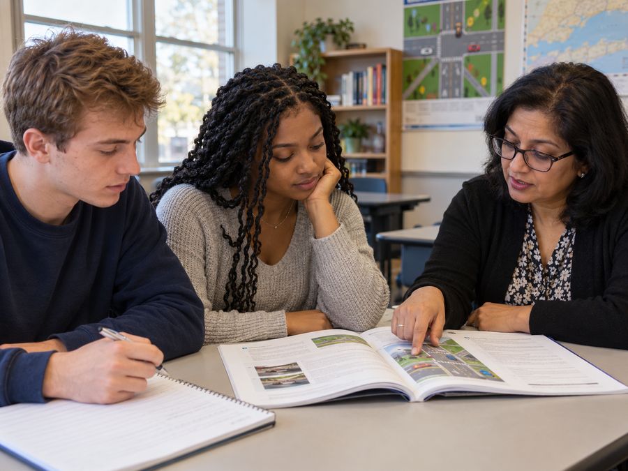 Instructor reviewing road rules with students in the pre-licensing class