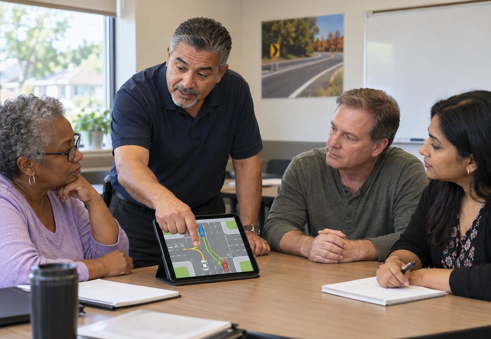 Instructor reviewing intersection scenarios with adults in the defensive driving class