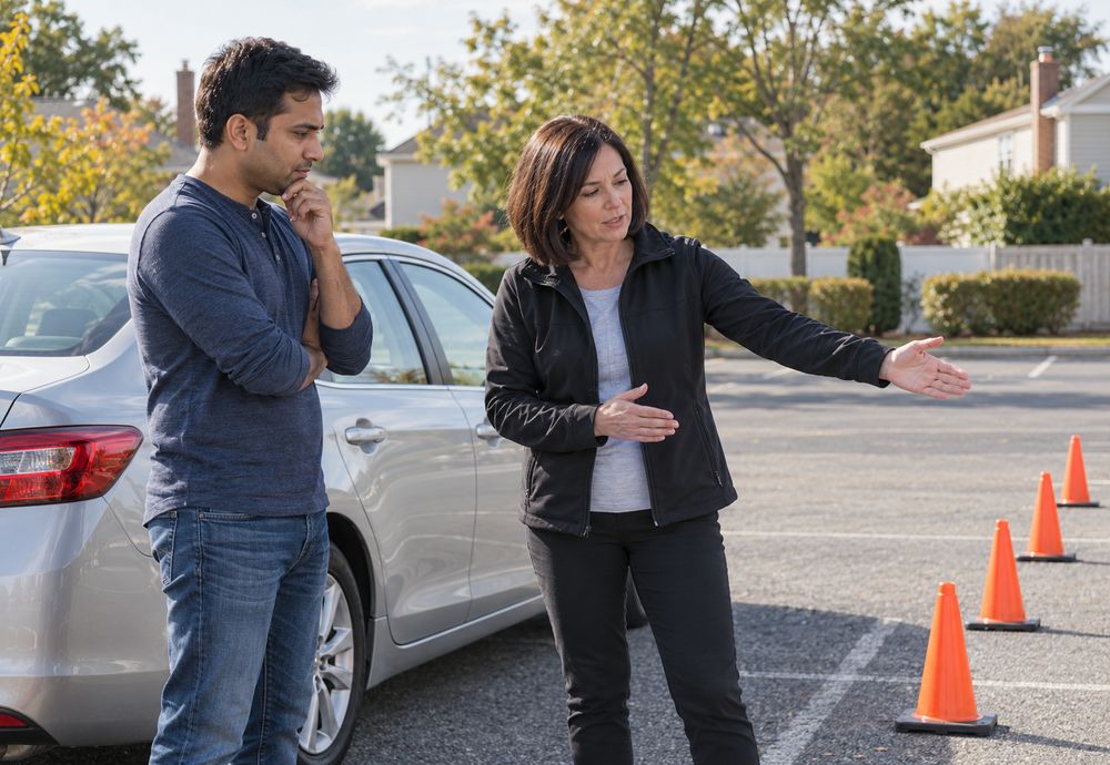 Instructor explaining a backing maneuver to an adult student