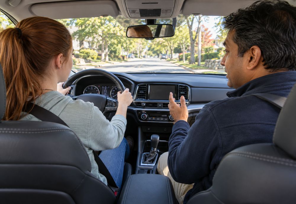Instructor coaching a student driver on a residential street